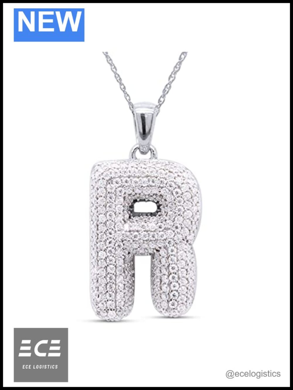 14k White Gold Plated Sterling Silver Moissanite Initial R Pendant Necklace 18"